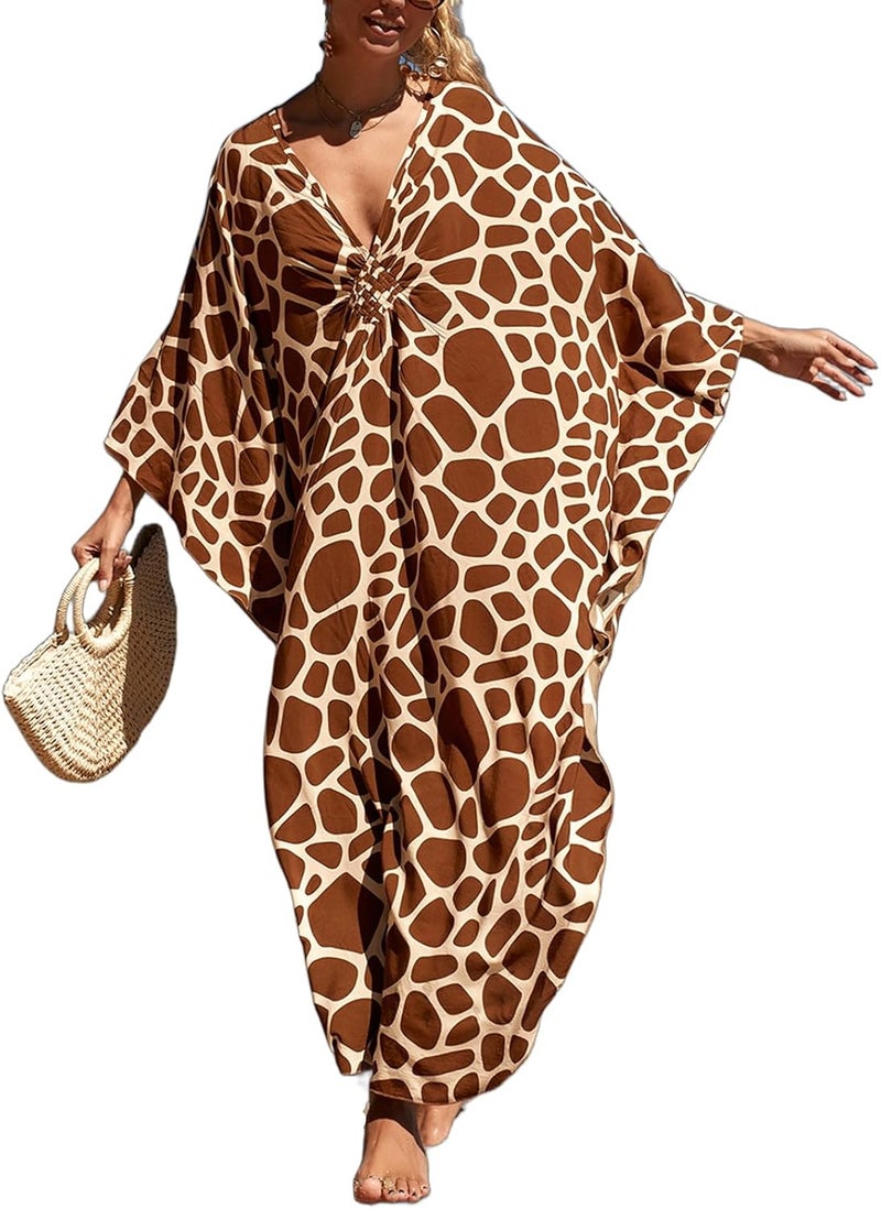 IMAGEKOPE Women's Plus Size Animal Print V-Neck Batwing Kaftan Beach Dress Bathing Suit Cover-Up Loungewear - Image 1